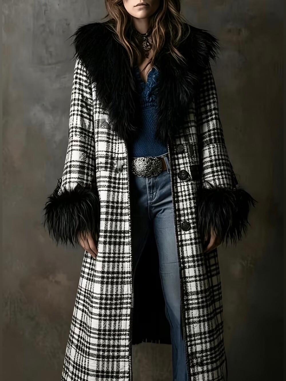 Single Breasted Long Length Plaid Overcoat with Large Decorative Collar And Cuff